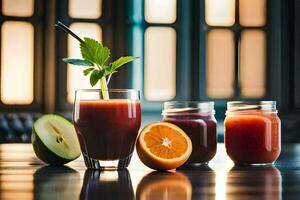 three glasses of juice with an orange and apple. AI-Generated photo