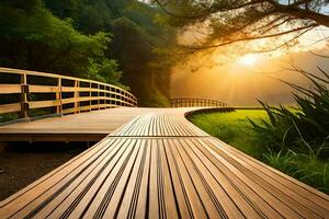 un de madera puente Guías a un hermosa puesta de sol. generado por ai foto