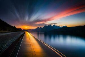 a long bridge over a lake with mountains in the background. AI-Generated photo