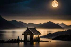 un pequeño cabina se sienta en el apuntalar de un lago con un lleno Luna. generado por ai foto