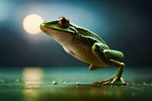 a frog is standing on its hind legs in front of a full moon. AI-Generated photo