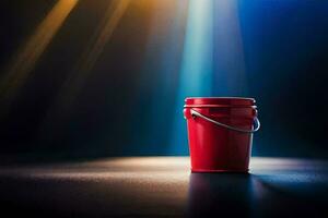 a red bucket on a dark floor with bright light. AI-Generated photo