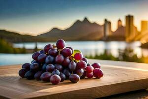 grapes on a wooden table with a view of mountains. AI-Generated photo