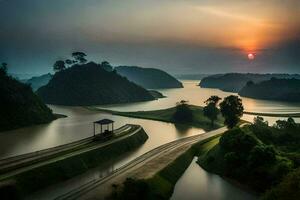 the sun sets over a lake and a bridge. AI-Generated photo