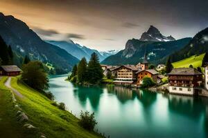 un hermosa lago y montaña pueblo en el suizo Alpes. generado por ai foto