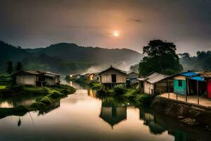 the sun rises over a river and houses in the village. AI-Generated photo