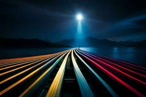 a train track with a bright light shining above it. AI-Generated photo