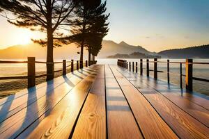 wooden pier with trees and mountains in the background. AI-Generated photo