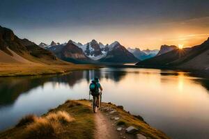 the man is walking on the path in the middle of the lake. AI-Generated photo