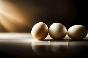 Tres huevos son mostrado en frente de un ligero. generado por ai foto