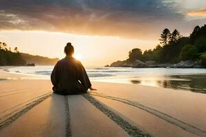 un persona sentado en el playa a puesta de sol. generado por ai foto