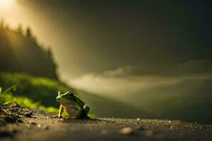 a frog sitting on the road in front of a mountain. AI-Generated photo
