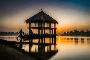 the sun rises over a small hut on the shore of a lake. AI-Generated photo