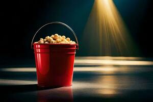 a red bucket filled with popcorn on a dark floor. AI-Generated photo