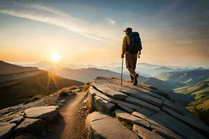 un hombre con un mochila y emigrar polos soportes en un montaña parte superior a puesta de sol. generado por ai foto