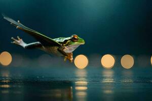 a frog flying through the air with lights in the background. AI-Generated photo