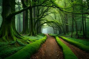 un camino mediante un verde bosque con cubierto de musgo arboles generado por ai foto