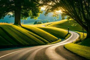 a winding road in the countryside with trees and grass. AI-Generated photo