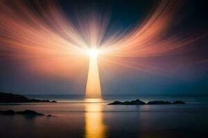 a light shining in the sky over the ocean. AI-Generated photo
