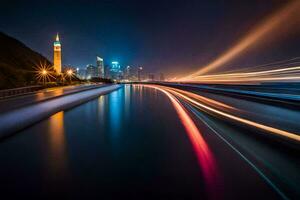 un largo exposición fotografía de un ciudad horizonte a noche. generado por ai foto