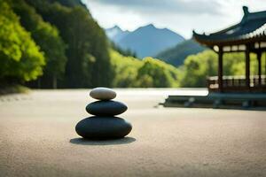 a stack of stones in front of a pagoda. AI-Generated photo