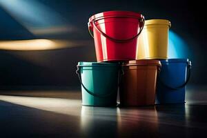 a group of four colorful buckets on a dark floor. AI-Generated photo