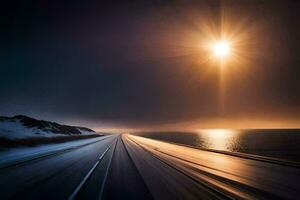 a long exposure photograph of a road with the sun shining. AI-Generated photo