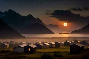 foto fondo de pantalla el cielo, montañas, niebla, el luna, el sol, el montañas, niebla. generado por ai