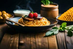 spaghetti with meat, tomatoes and cheese on a wooden table. AI-Generated photo