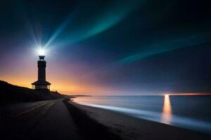 un faro es iluminado arriba a noche con un brillante ligero brillante. generado por ai foto