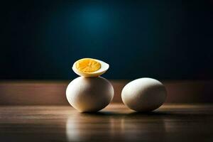 two hard boiled eggs on a table. AI-Generated photo