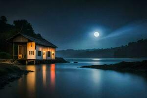 un pequeño casa se sienta en el apuntalar de un lago a noche. generado por ai foto