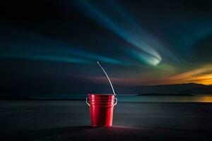 a bucket with a red lid sitting on the ground. AI-Generated photo