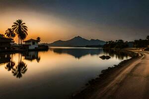 a road leading to a lake with palm trees and mountains in the background. AI-Generated photo