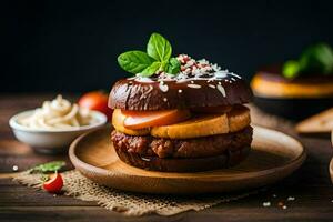 a hamburger with cheese and tomato on a wooden plate. AI-Generated photo