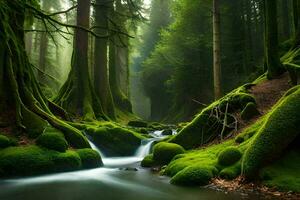 a stream runs through a green forest with mossy rocks. AI-Generated photo