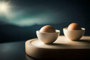 two eggs sit on a wooden board with a dark background. AI-Generated photo