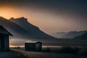 a small shack sits in the middle of a field. AI-Generated photo