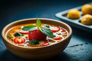 a bowl of soup with strawberries and vegetables. AI-Generated photo