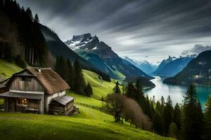 a small cabin in the middle of a lake. AI-Generated photo