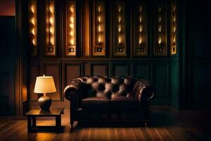 a dark room with a leather chair and lamp. AI-Generated photo