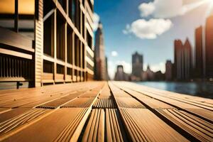 a wooden deck overlooking a city skyline. AI-Generated photo