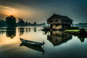 a boat sits on the water near a house. AI-Generated photo