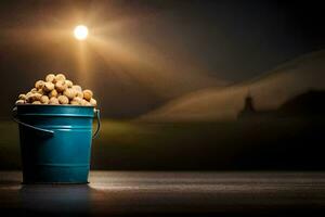 a bucket filled with peanuts on a table in front of a church. AI-Generated photo