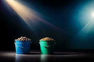 two buckets of nuts on a dark background. AI-Generated photo