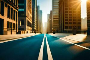 un ciudad calle con un coche conducción abajo él. generado por ai foto