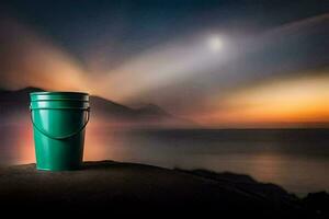 a green bucket sitting on a rock overlooking the ocean. AI-Generated photo