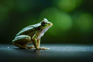 a frog sitting on a table with a green background. AI-Generated photo