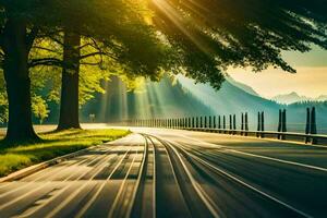 a road with trees and sun rays. AI-Generated photo