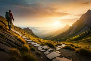 un hombre camina a lo largo un camino en el montañas a puesta de sol. generado por ai foto